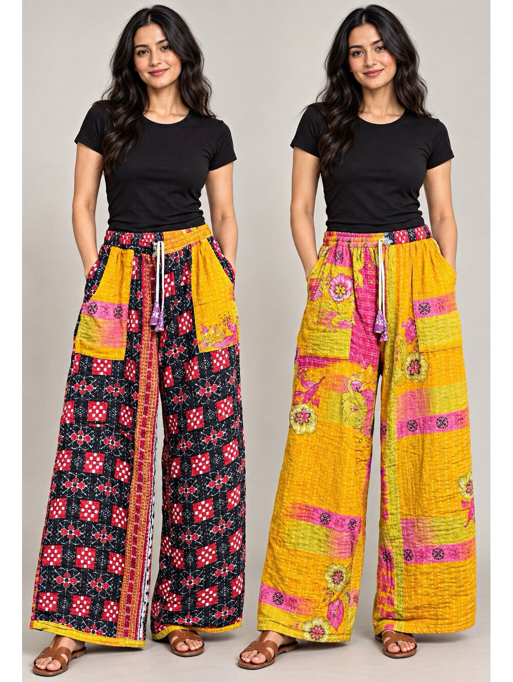 Women’s Handmade Kantha Quilted Floral Wide Leg Pants Pockets Yellow Pink
